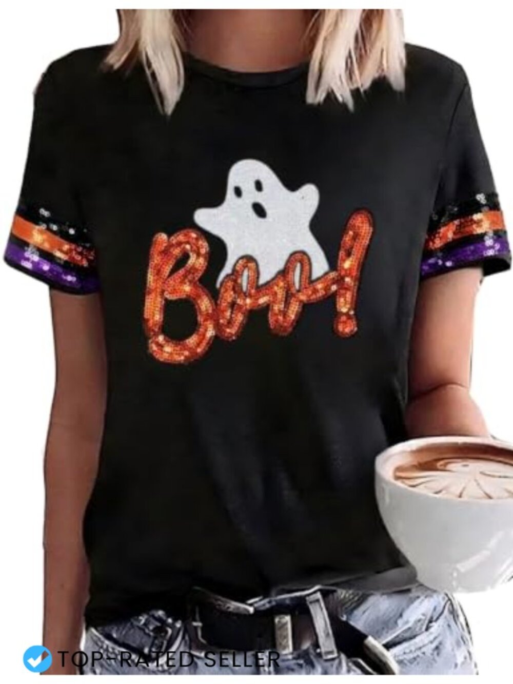 Mardi Gras Glitter Pumpkin Graphic Tee Short Sleeve Women's Party Top Sequin